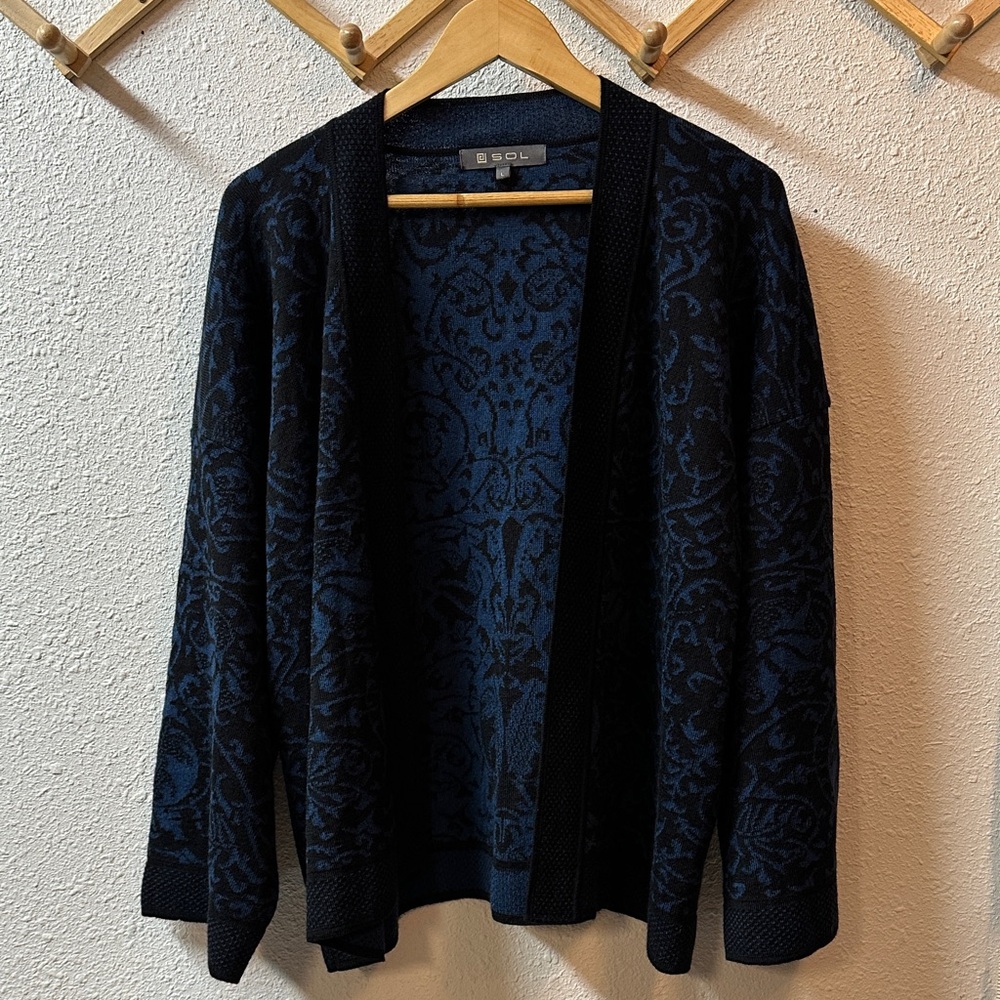 💎 rare SOL baby alpaca silk blend Blue and Black patterned open cardigan